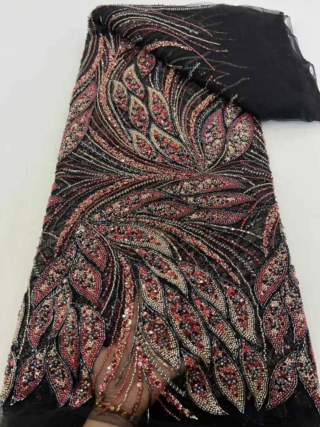 

African Heavy Beads Lace Fabric 2025 High Quality Lace Nigerian Sequins French Tulle Bead Lace Fabric Material For Wedding Party