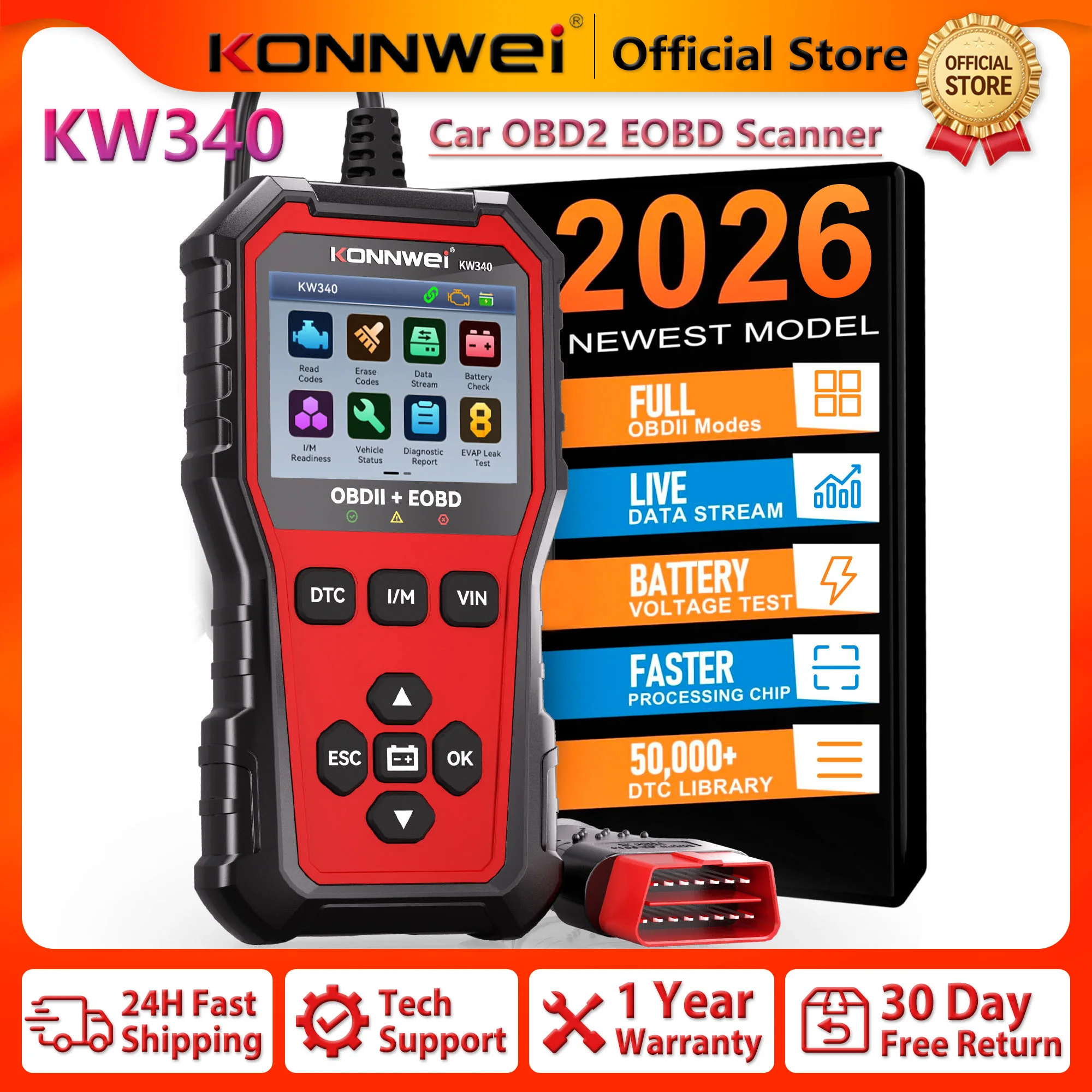 2026 KONNWEI KW340 Auto CAN OBD2 EOBD Scanner Diagnostisch Hulpmiddel Motor- & Accu-test Foutcodelezer Real-time Gegevensfunctie
