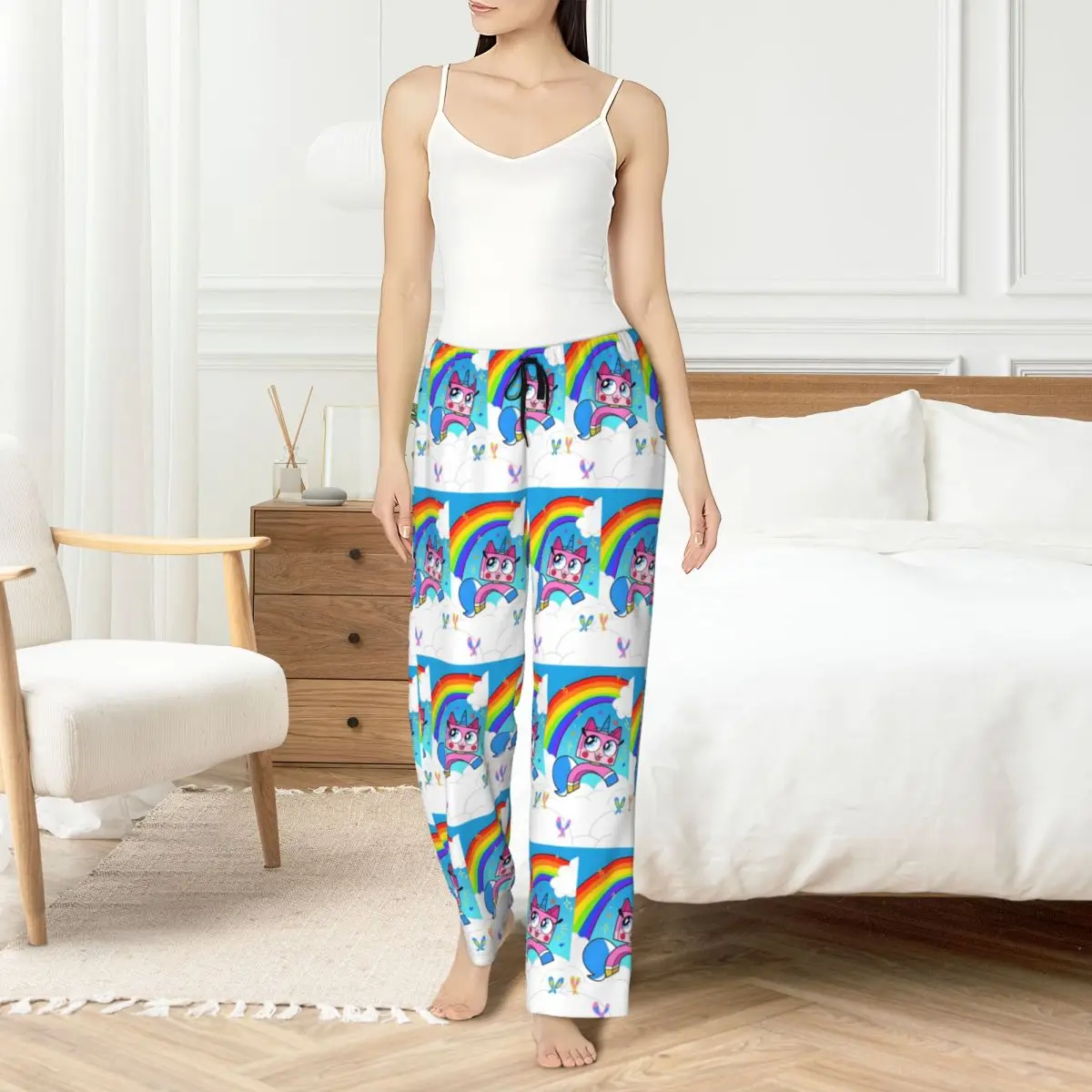 

Custom Unikitty Pajama Pants Sleepwear Womens Elastic Waistband Cute Cartoon Sleep Lounge Bottoms with Pockets