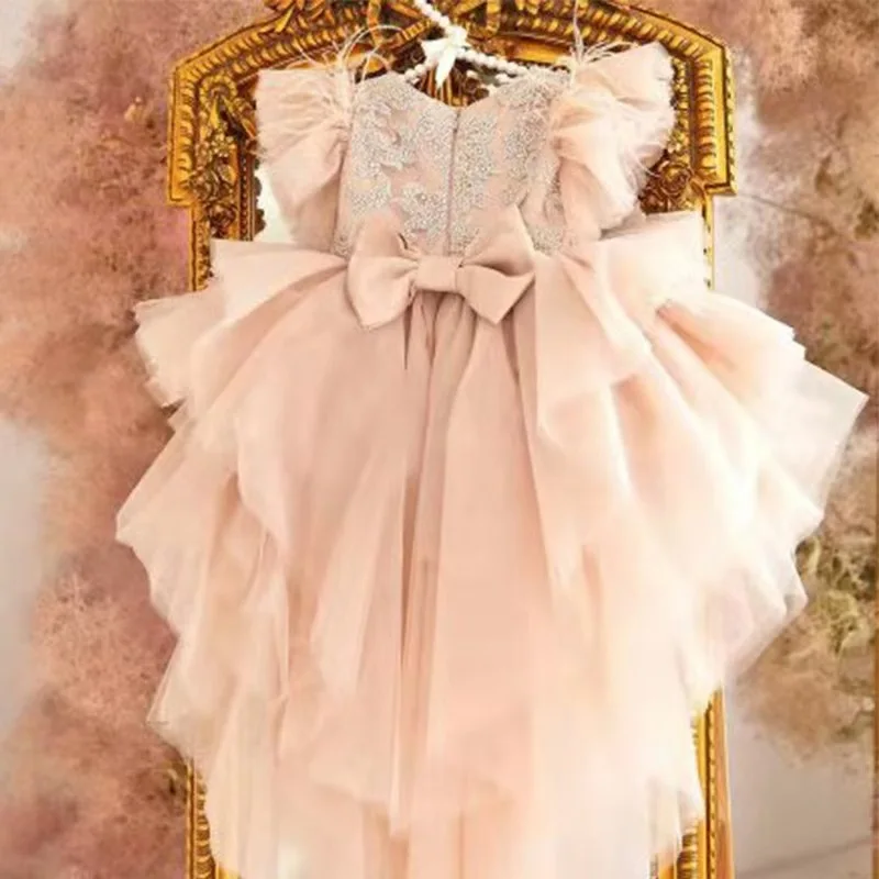 Baby Girls Fashion Princess Party Dresses Frocks Lace Tutu Trailing for Kid Cute Birthday Wedding Evening Gown Children's Fluffy