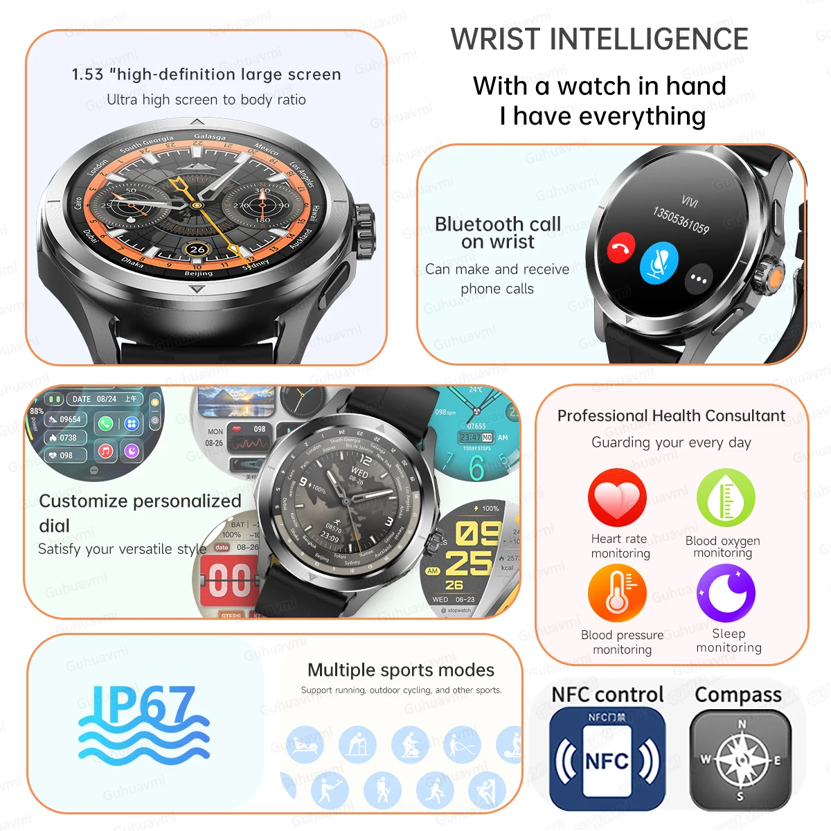 New Upgrade S4 Ultra Outdoor Sports Smart Watch Men 1.53 inch AMOLED NFC GPS Compass Heart rate Waterproof BT Call Smartwatch