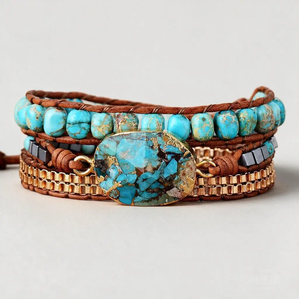 Custom Boho Handwoven Triple Wrap Bracelet Faceted Turquoise Beaded Braided Leather Cord Wrist Jewelry For Women Men Daily Wear