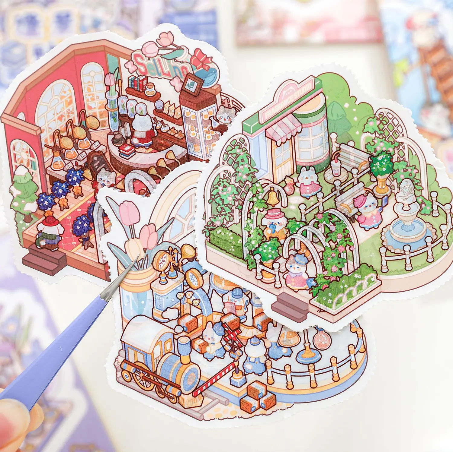JCAC 24-Piece Miniature Scene Stickers Books: “Meow's Adventures” Series—DIY Creative Collage for Leisure Time and Gift-Giving