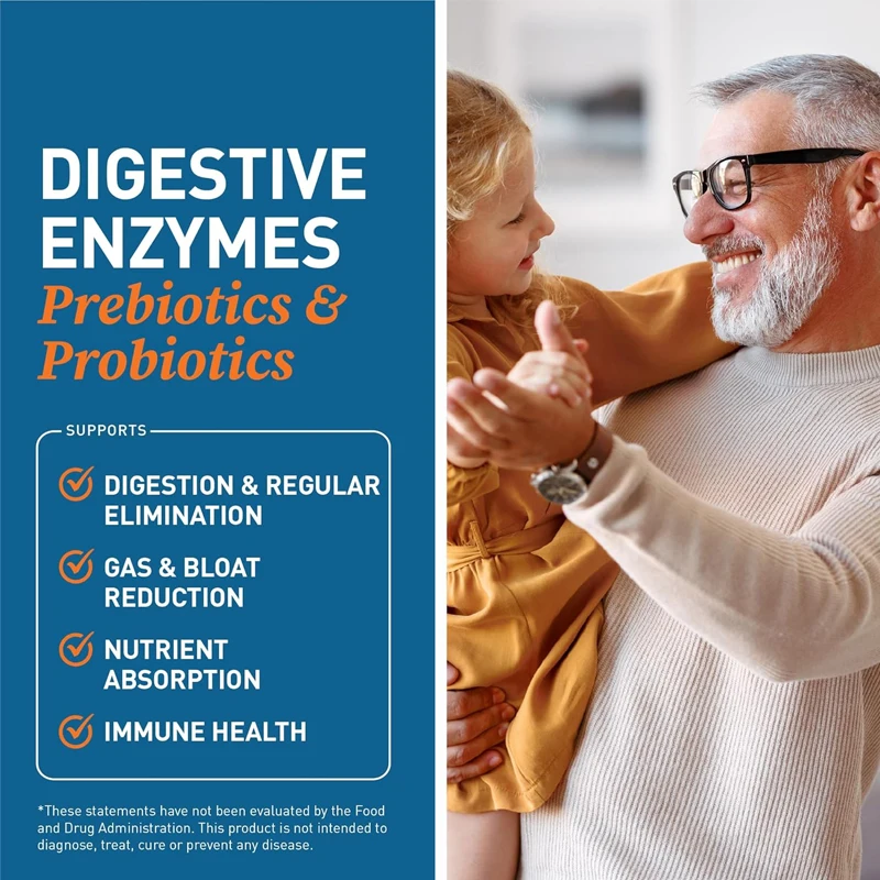 Digestive enzymes contain probiotics, prebiotics, and prebiotic bromelain, amylase for better digestion and immune function