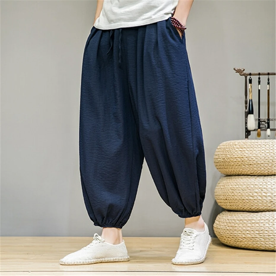 Large Size Harem Pants Mens Summer Ice Silk Casual Trousers Men Harajuku Vintage Baggy Elastic Waist Ankle Length Pants Male