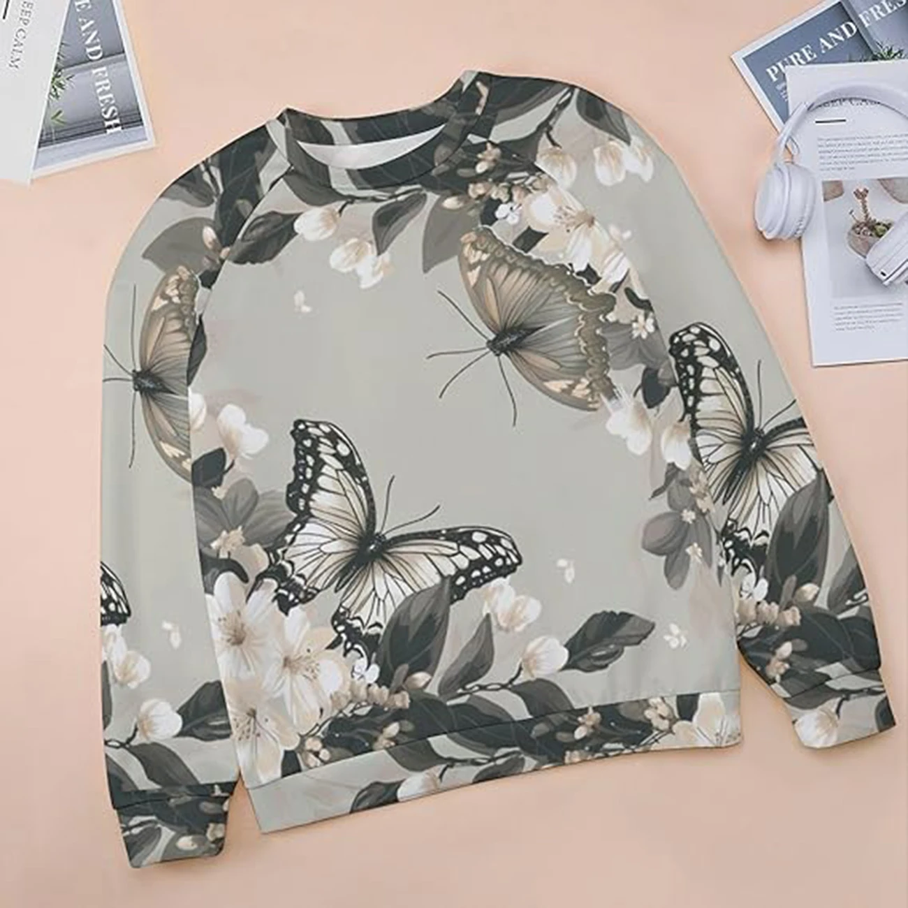 الخريف المرأة الفراشة بلوزات أزياء الربيع عارضة Crewneck البلوز قمم بوهو الأزهار الجرافيك كم طويل بلايز