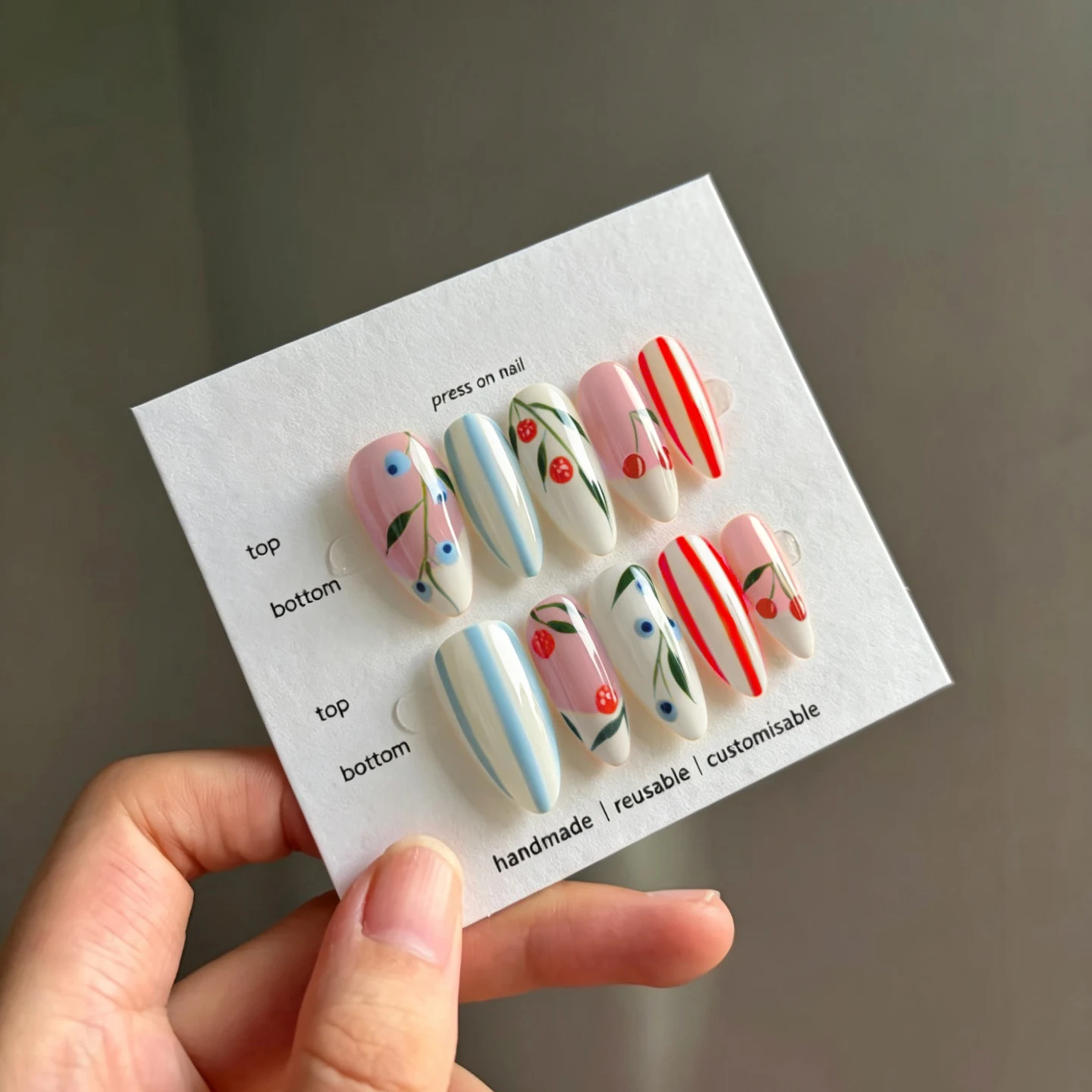 10Pcs Handmade Press on Nails Medium Almond Blue Fruit Floral Lines Pattern Reusable Full Cover False Nails Manicure Tips