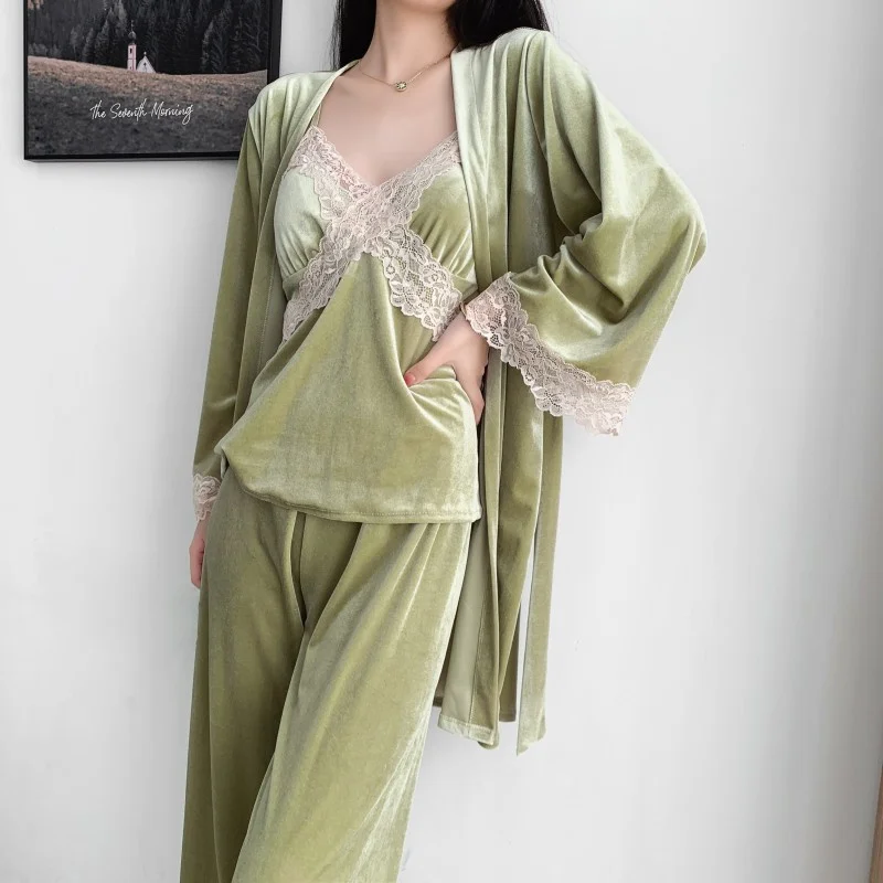 New Autumn Velvet Sling Three-piece Set Pajamas Lace Trim Bath Robe Nightgown Loose Casual Velour Solid Home Clothes