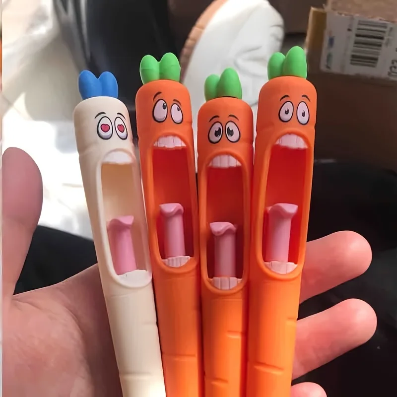

4pcs Multi-Expression Carrot Shaped Glue Pens Creative Fresh Stationery Supplies, Plastic Material Black Ink Fun Party Gifts