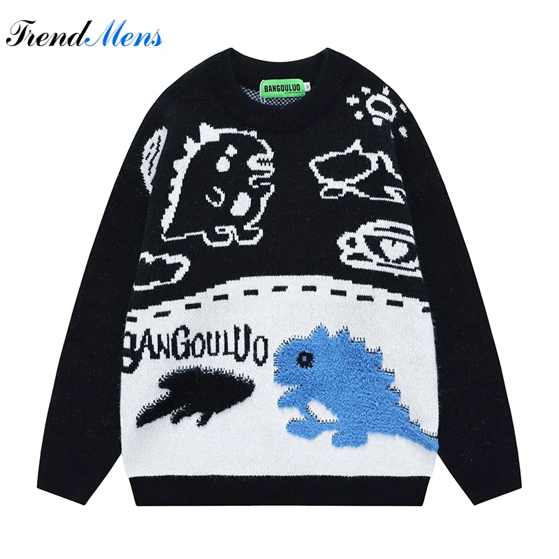 

Men's Cute Little Dinosaur Flocked Sweater Japanese Couple Versatile Casual Pullover Comfortable Harajuku Long Sleeved Knitting