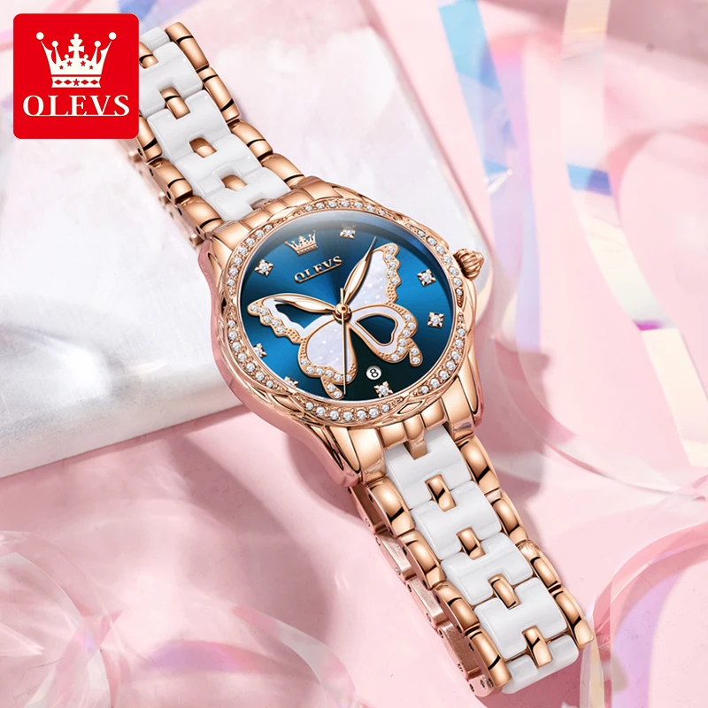 OLEVS Women Watch Luxury Butterfly Diamond Rose Gold Ceramics Steel Watches Quartz Waterproof Luminous Ladies Wristwatches