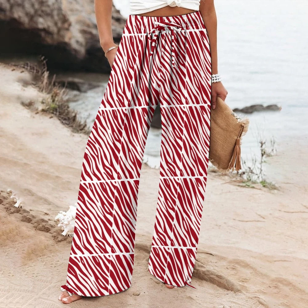 Red Women's Casual Trousers Elastic Waisted Wide Leg Pants One-Piece Oversized Daks Summer Straight Leg Pants Britches Shaping