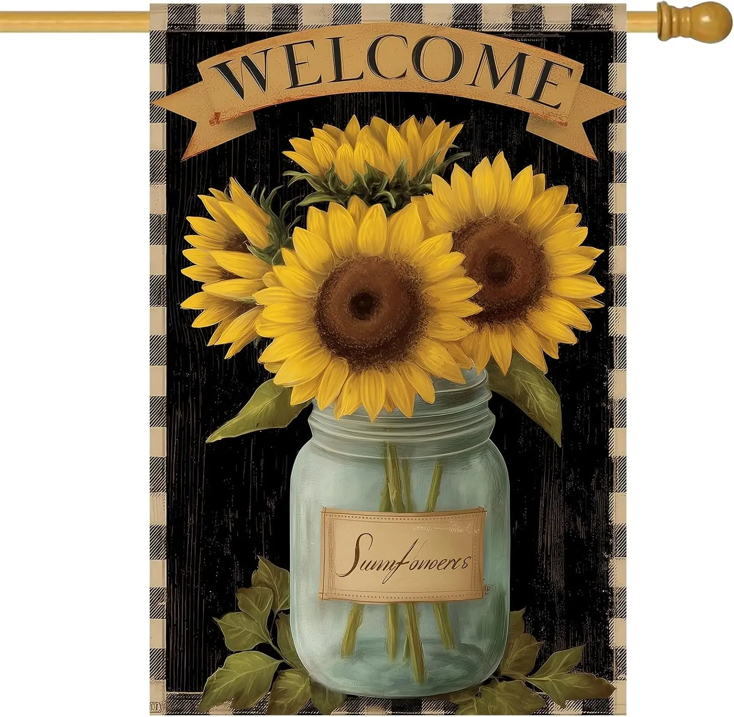 Sunflower House Flag 28 x 40 Inch Double Sided Garden Flag with Mason Jar Black Buffalo Plaid Welcome Design for Summer Porc SSL