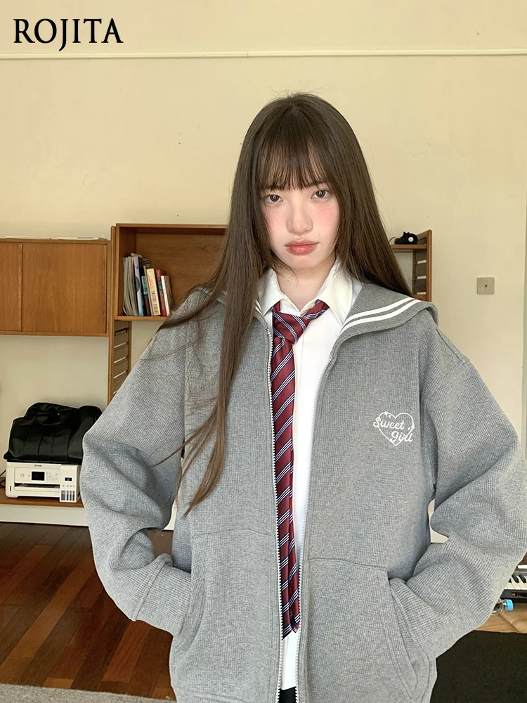Gray Navy Neck Sweatshirt Jacket Women's College Style Loose Long Sleeve Sailor Suit Cardigan Spring and Autumn JK Jacket