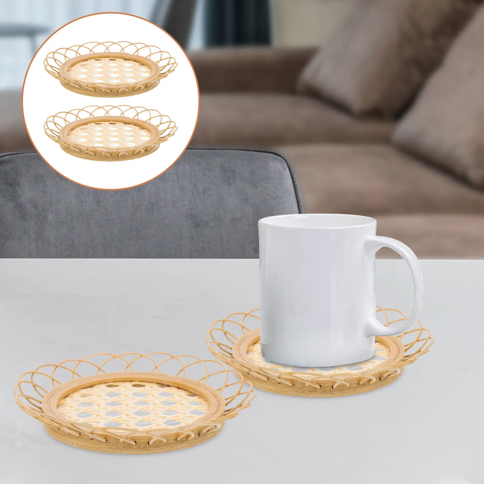

2 шт. бамбуковых круглых плетеных подставок для чашек, термоизоляционные, нескользящие, для стола, декоративные, подушки для чашек, плетеные салфетки