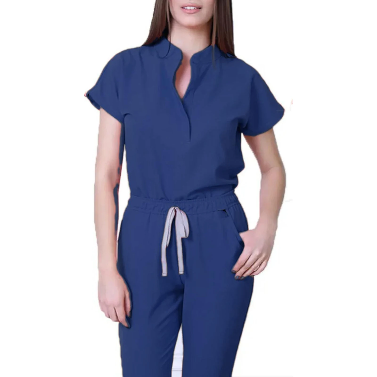 Damen-Krankenschwester-Overall, Stehkragen, kurze Ärmel, mehrfarbig, Kordelzug an der Taille, mehrere Taschen, medizinische Uniform, Arbeitskleidung für das Gesundheitswesen