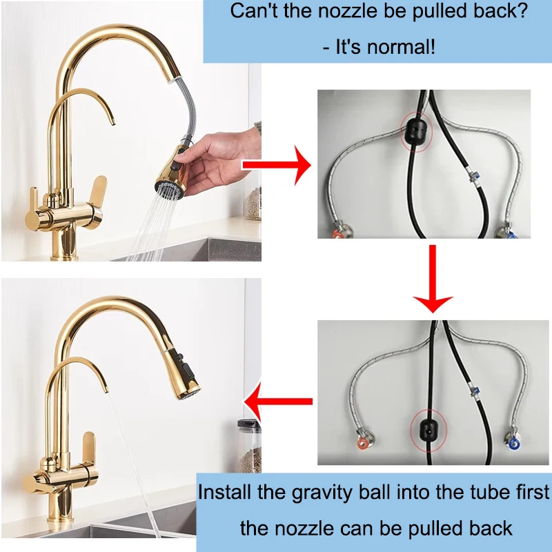 Purificar el agua grifo de cocina montado en cubierta grifo de doble manija purificación grifo de fregadero de cocina 2 caño giratorio grifo