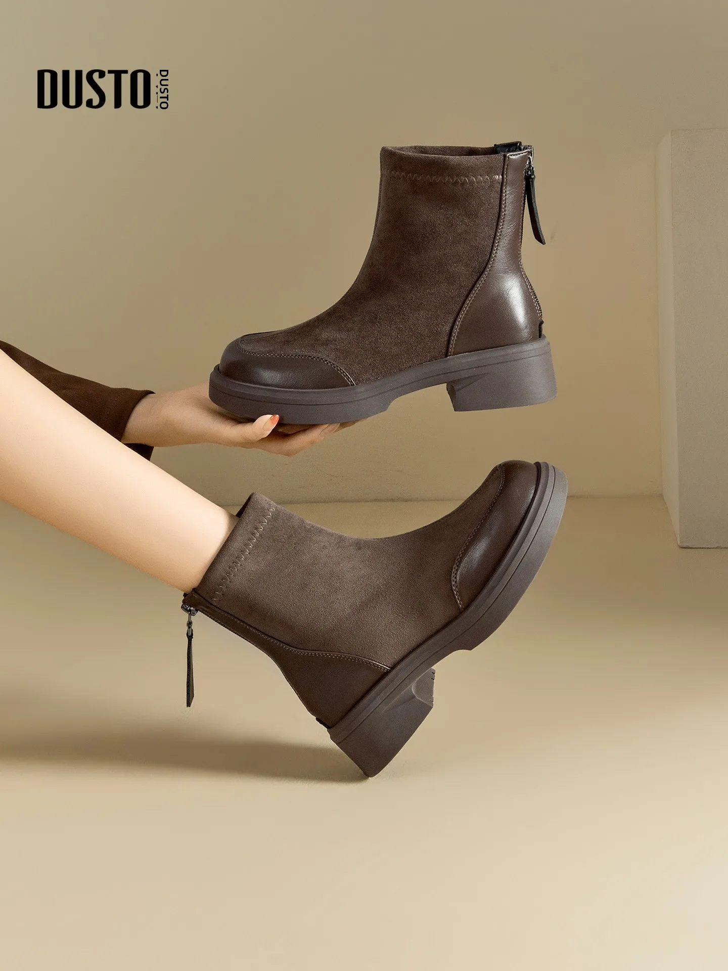 

DUSTO Brown ort Boots Women's 2025 New Autumn Winter Thi Bot Retro Meral Slim Elastic Boots Casual round Toe Zipper