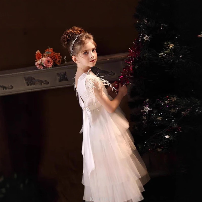 

New Girls Birthday Party Dress White Elegant Cake Tutu Princess Gown Performance Outfit Summer KidsPageant Formal Dress Stage