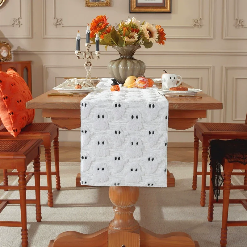 

Ghost Soft Plush Faux Fur Jacquard Halloween Table Runner, Holiday Kitchen Dining Table Decoration for Home Party Decor