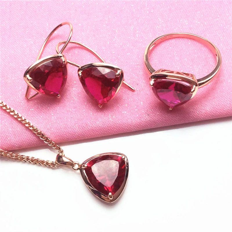 585 chapado en oro púrpura 14K oro rosa triángulo geométrico rubí conjuntos de joyas moda luz pendientes de lujo para anillos de mujer