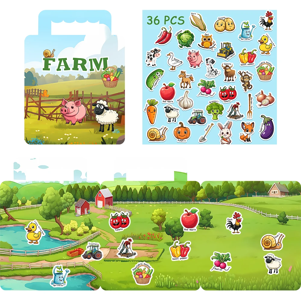 36pcs Farm Sticker Book Reusable Cartoon Sticker Book for Kids Multiple Scenos DIY Puzzle Game Educational Learning Classic Toys