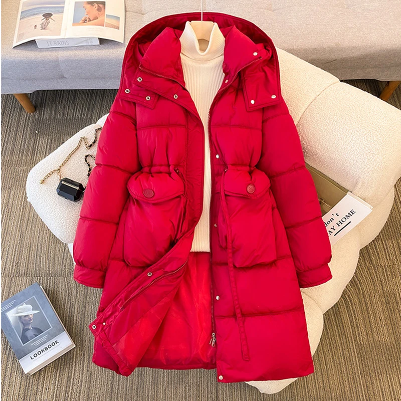 Women Winter Hooded Cotton Clothes New Slim Fit Thickened Mid-length Knee Over Cotton-Padded Jackets Casual Big Pocket Warm Coat