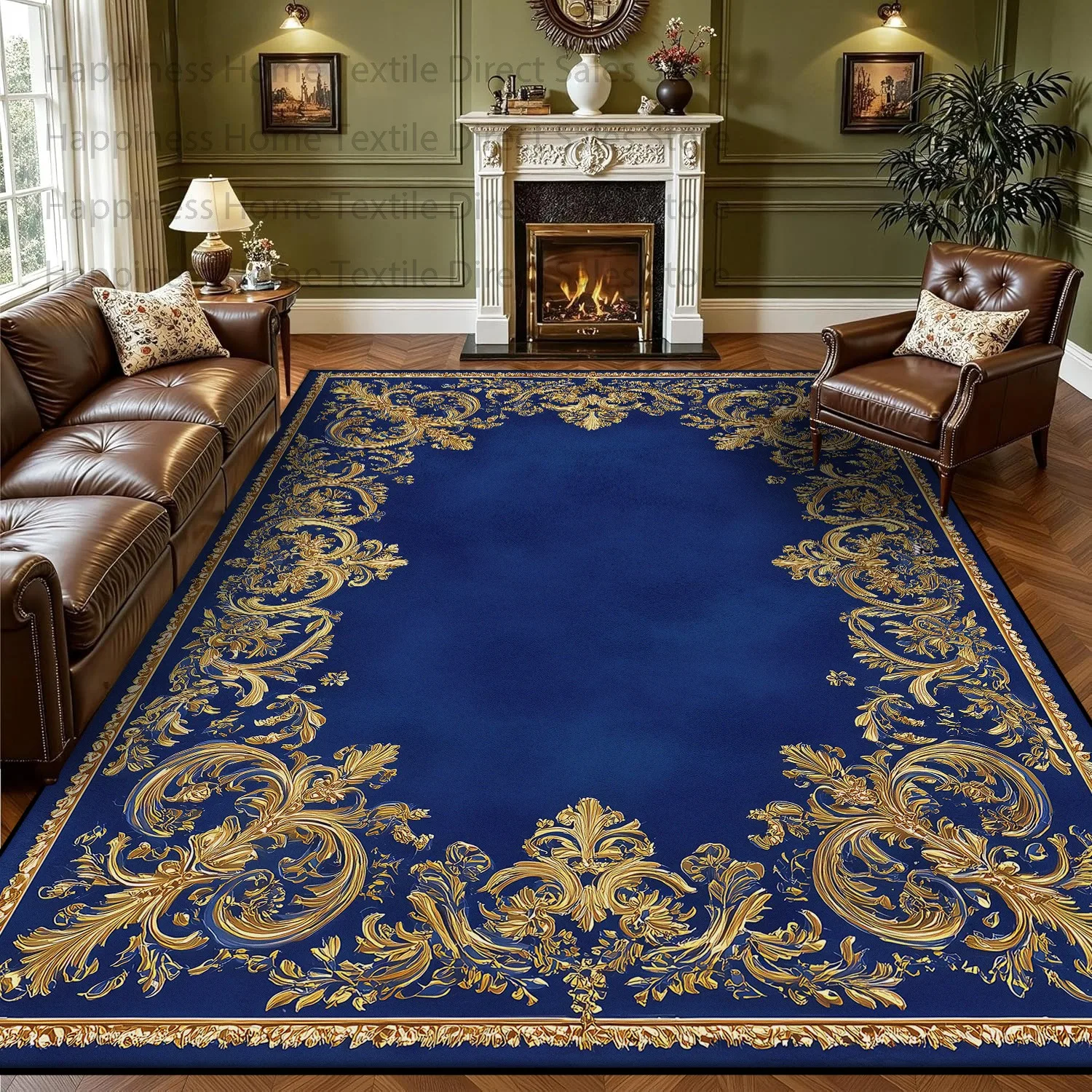 

Persian Retro Large Living Room Sofa Carpet Blue-gold Washable Antiskid Decoration Bedroom Rug Soft Luxury Large Area Study Mat