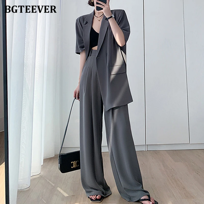 BGTEEVER Summer Ladies Trousers Suits Short Sleeve Jackets & Wide Leg Suit Pants Women Outfits Elegant Ladies 2 Piece Blazer Set