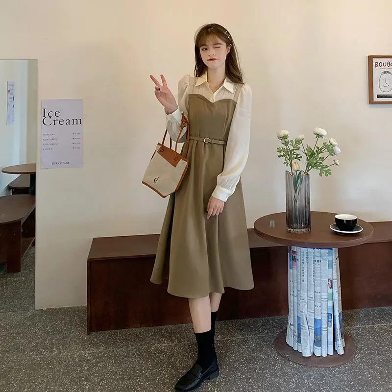 Korean Style Versatile Patchwork Fake Two-piece Polo Collar Bubble Sleeve Dress A-line Skirt for Women