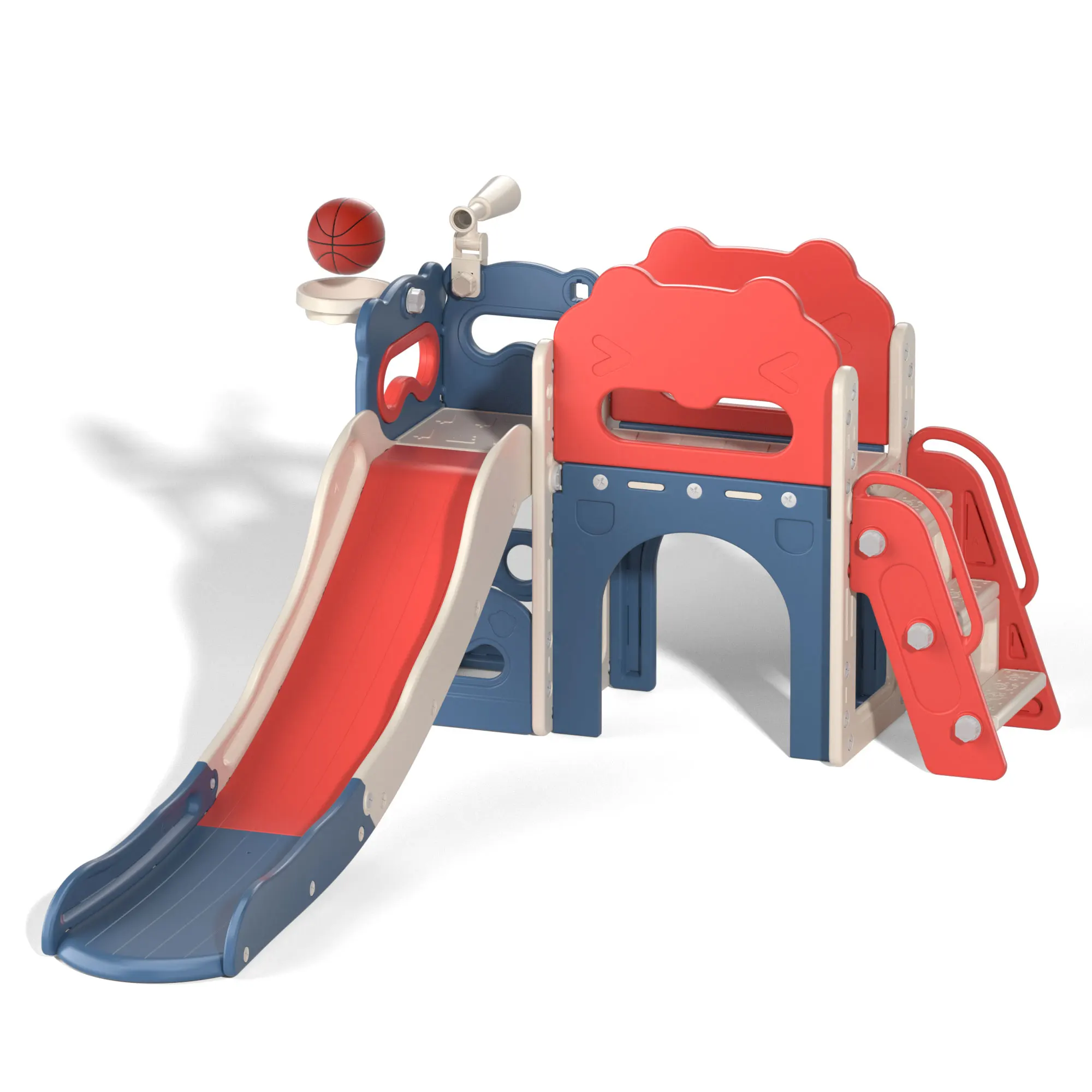 Juego de tobogán y escalador 8 en 1 para niños, conjunto de tobogán para niños pequeños con telescopio de juego de baloncesto, patio de juegos interior y exterior para niños (rojo