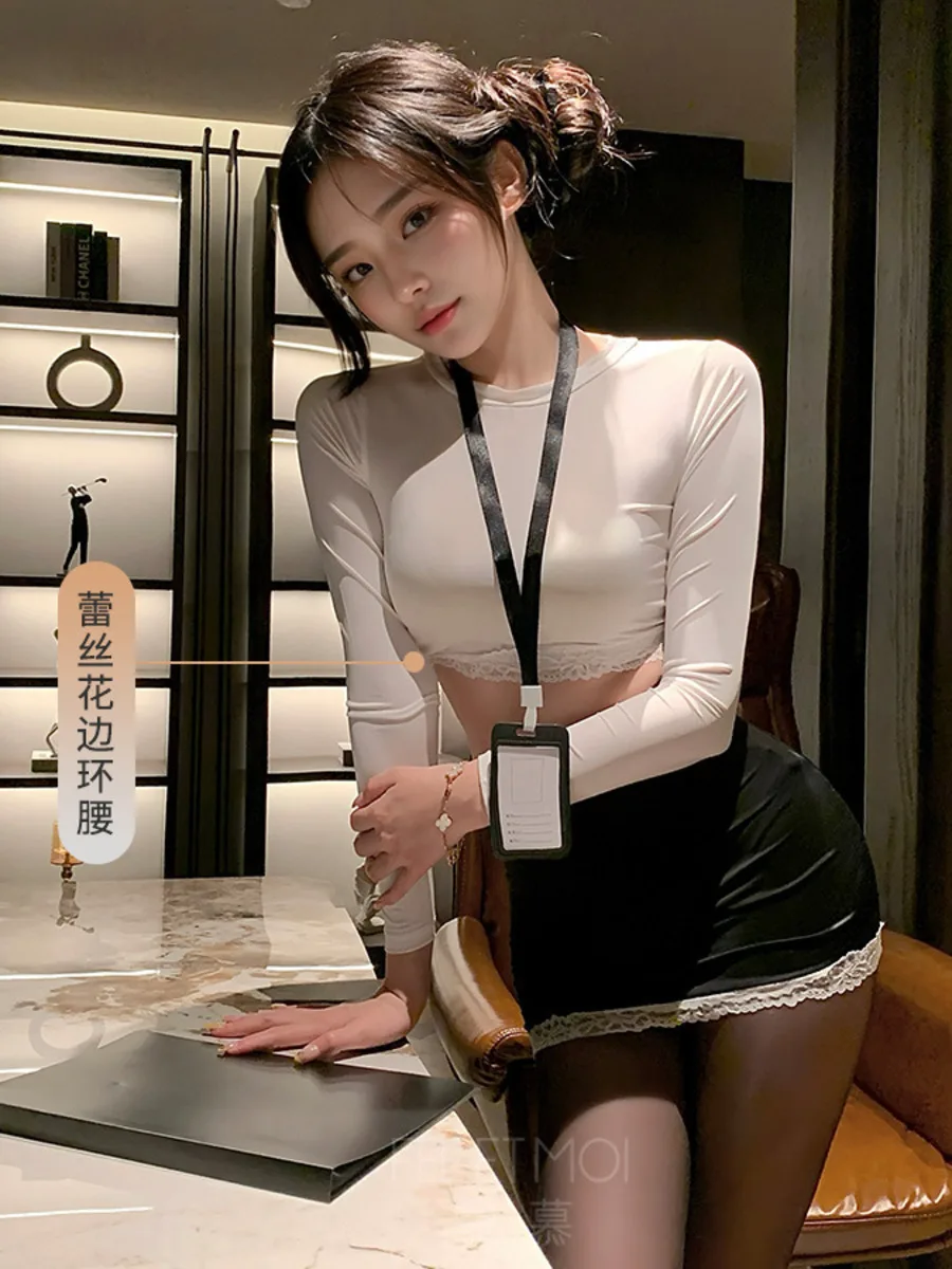 يمزح الدانتيل المشذبة ملهى ليلي Bodycon سكرتيرة الزي بأكمام طويلة الساحرة إغراء يمزح مثير ملابس خاصة تنورة مجموعات SOH2