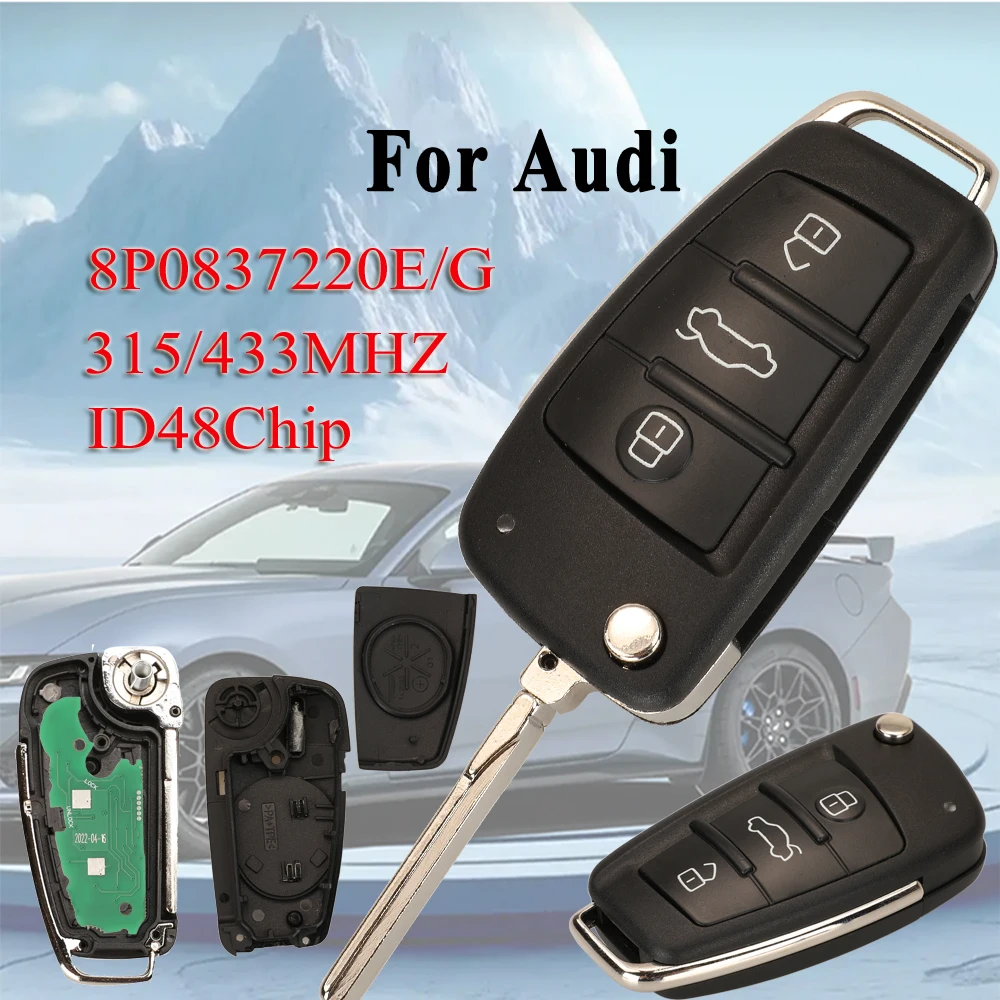 

jingyuqin Remote control folding car key 315/433MHZ ID48Chip For Audi 8P0837220G 8P0837220E 3Buttons New product