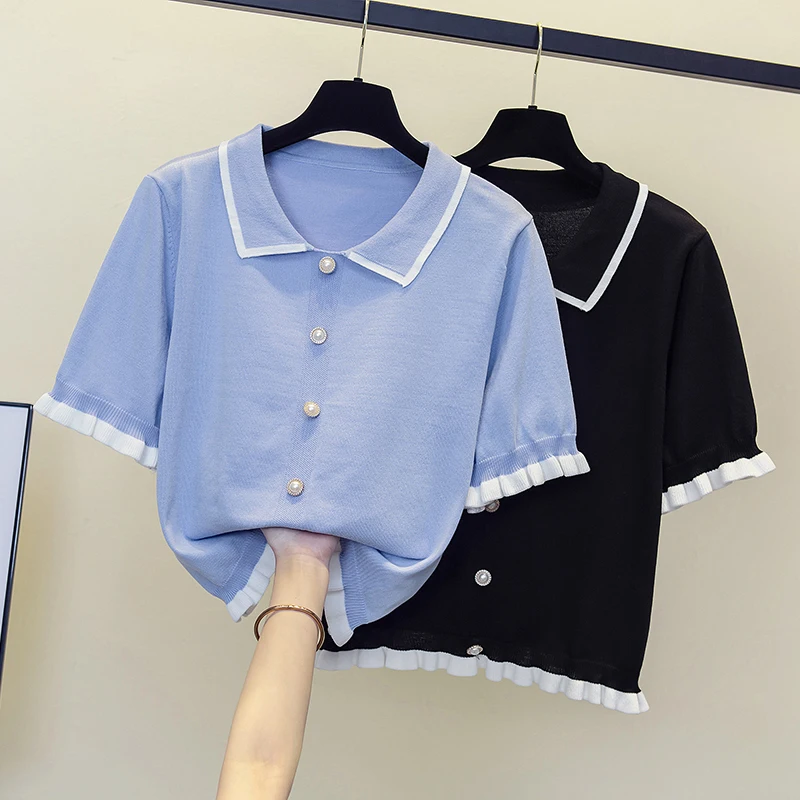 4XL Plu size women Summer loose casual Button Robi kintting T-shirt 2024 short sleeve thin sweater pullover Oversized jumper