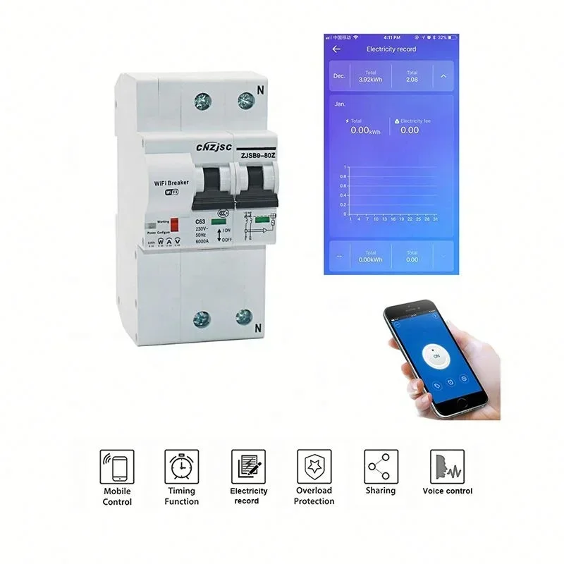 ZJSB9-80Z-2P  Remote Wifi Circuit Breaker with Energy Monitoring Control PV Smart Circuit Breaker with Voltage Protect Function