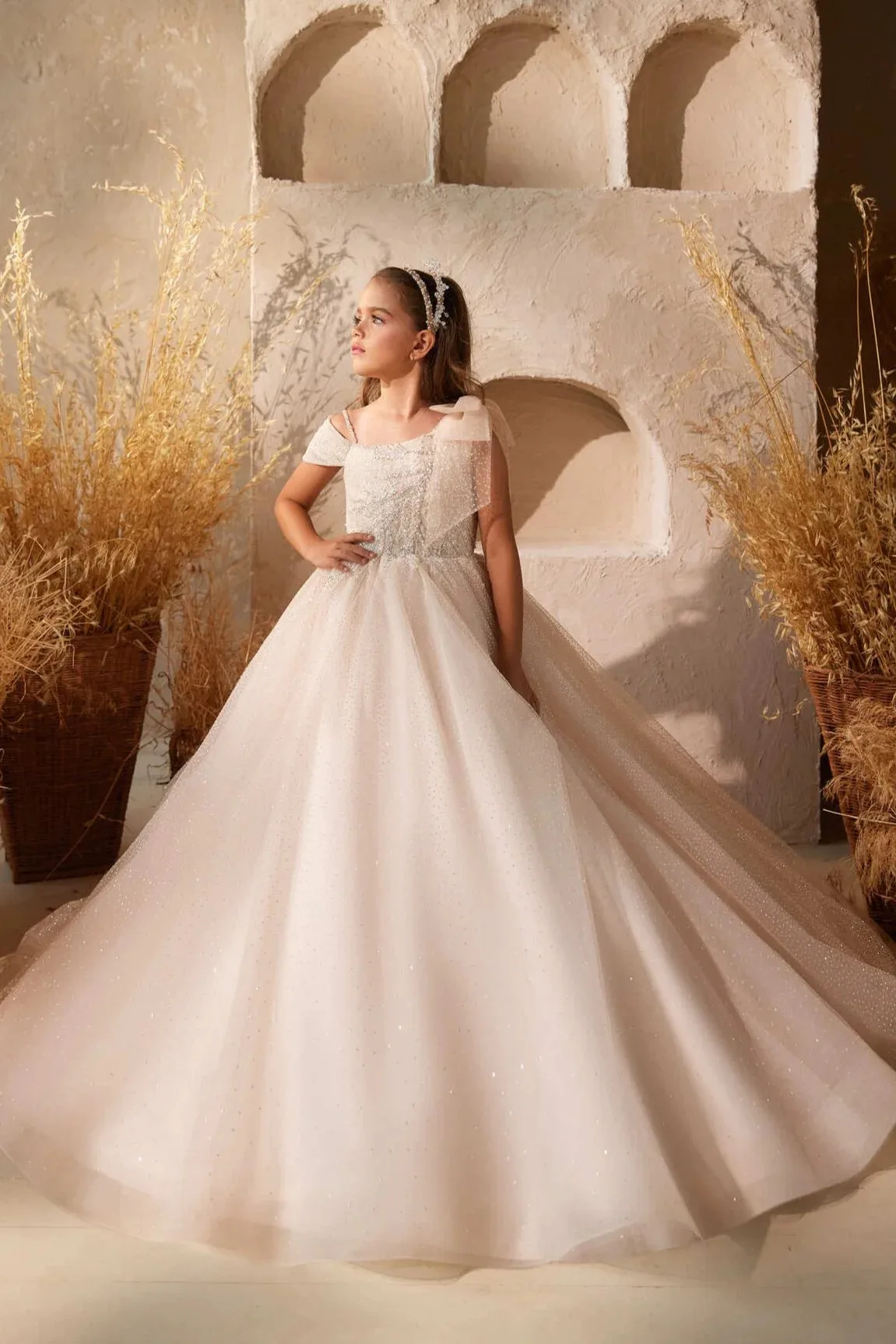 Flower girl dress custom-made light luxury mesh hot diamond sequin A-line tail dress 2025 first communion dress wedding dress