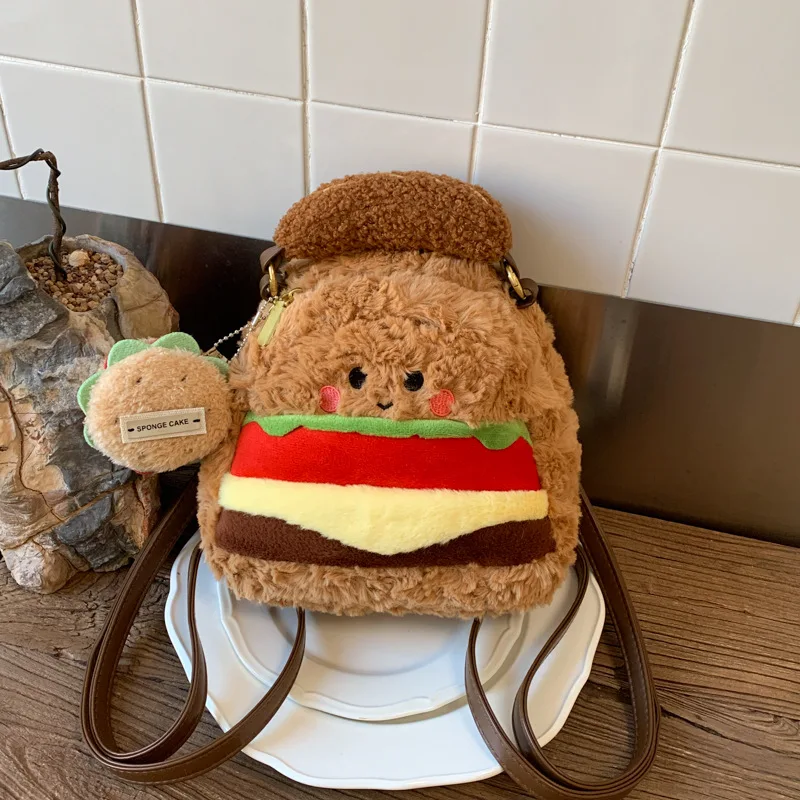 

Internet Celebrity Cartoon Plush Hamburger Bag for Women2026New Mini Handheld Backpack Versatile Cute Small School Bag