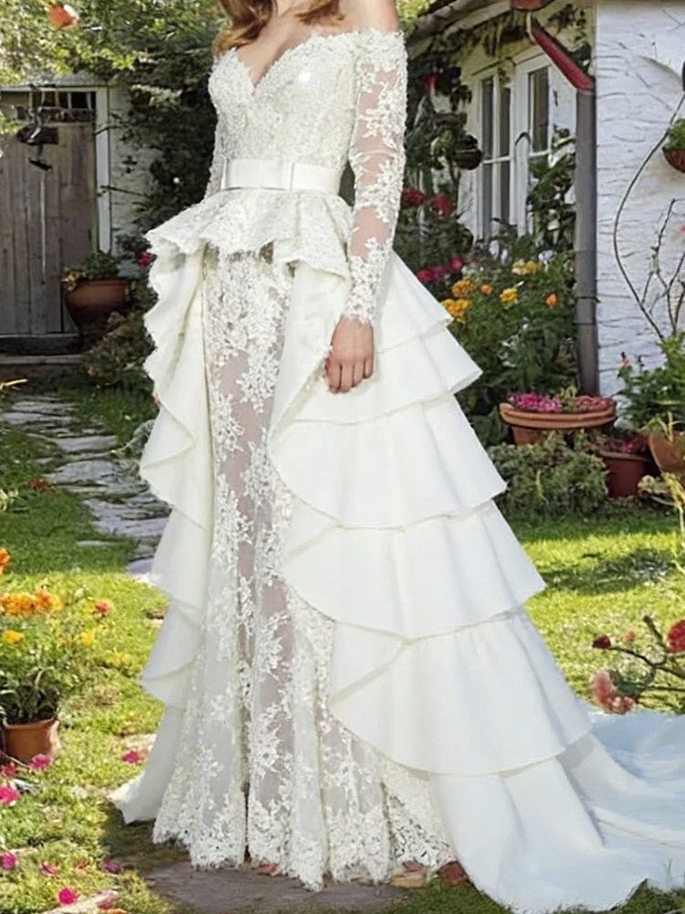 

Элегантные свадебные платья невесты с открытыми плечами и кружевными рукавами и оборками, свадебные платья по индивидуальному заказу