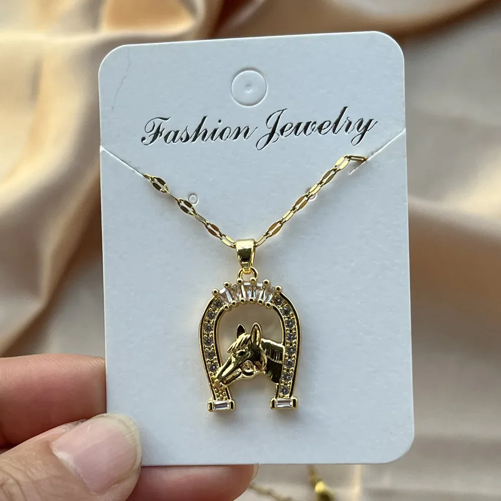 Fashion Cubic Zircon U Shape Necklace Gold Plated Hose Head Pendant for Women Horseshoe Charm  Animal Jewelry Anniversary Gift