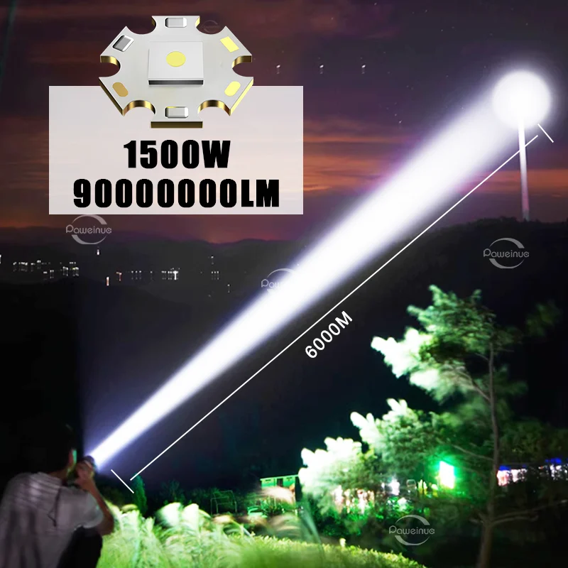 9000000 LM سوبر قوية مصابيح كاشفة بلمبات LED ضوء قوي في الهواء الطلق طويلة المدى 6 كجم الشعلة قابلة للشحن التكتيكية مصباح يدوي التخييم مصباح