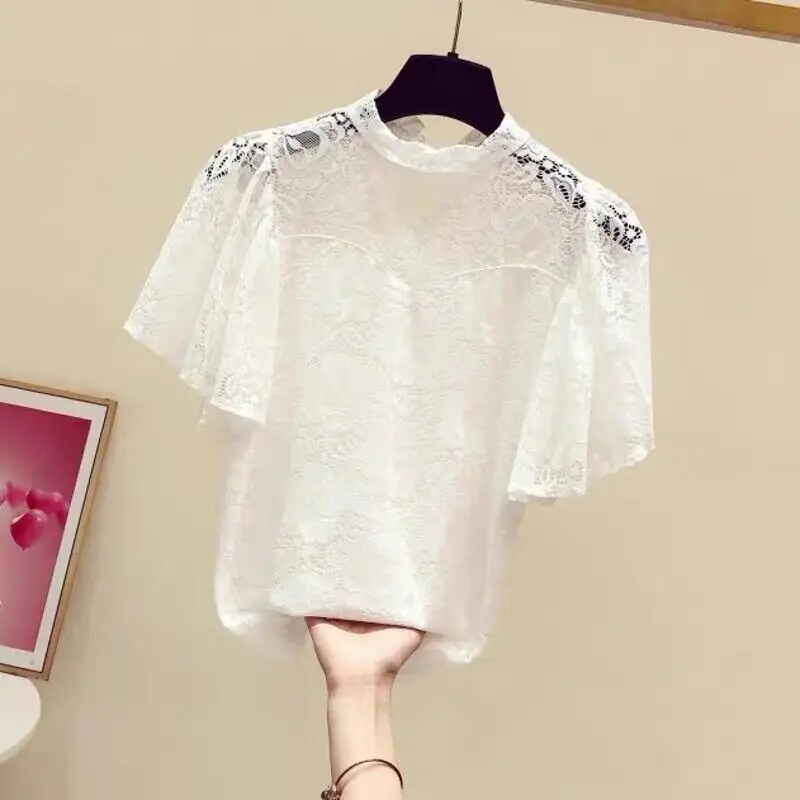 

Korean Commuter Summer New Women's Crew Neck Spliced Lace Hollow Out Elegant Trendy Slim Flying Sleeve Embroidery T-shirt Tops