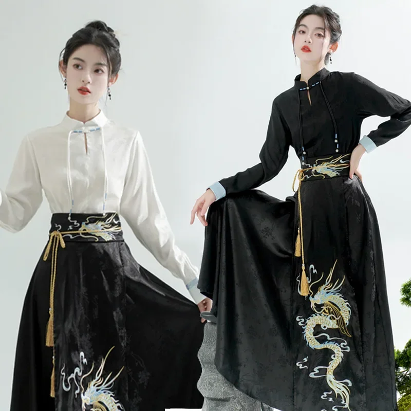 

Традиционный ежедневный комплект Hanfu, платье с изображением лошади, женская новая юбка в китайском стиле с вышивкой дракона, модная уличная одежда