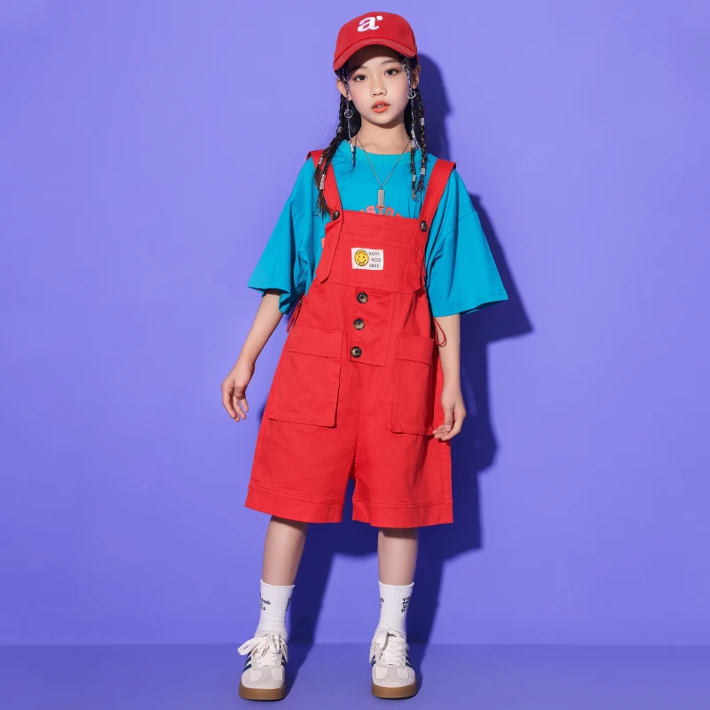 Kids Ballroom Hip Hop Clothing Blue Tshirt Red Short Rompers Overall Street Outfits For Girls Boys Jazz Dance Costume Clothes