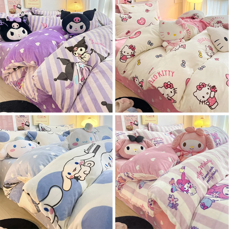 Imagem -02 - Sanrio Dupla Face Velvet Conjunto do Fundamento Melodia Kuromi Olá Kitty Inverno Flanela Solteiro Duplo Rainha Rei Colcha Lençol