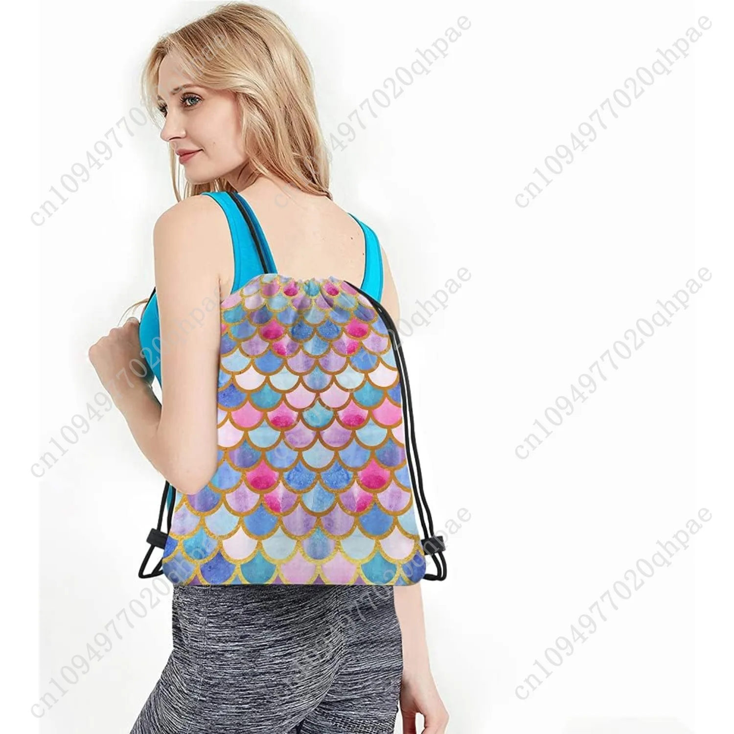Bolsas con cordón de escamas de sirena, mochila, bolsa de acuarela, Animal, pez, patrón de cuento de sirena, diseño moderno, bolsa deportiva para gimnasio con cordón