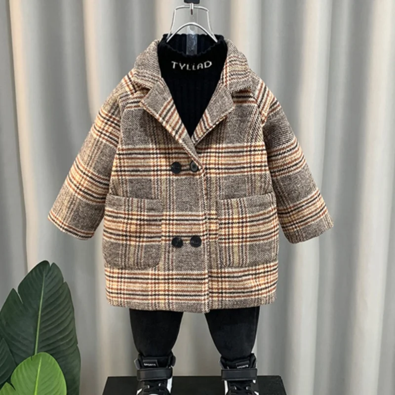 

Boys Woolen Coat Overcoat Jacket Windbreak 2024 Cardigan Warm Plus Thicken Autumn Winter Cotton School Children's Clothing