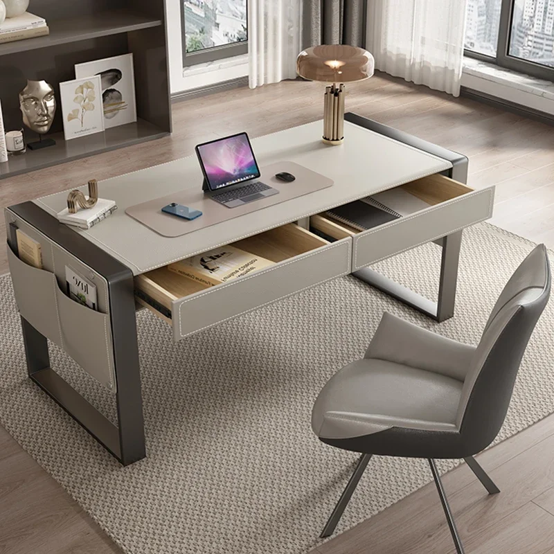 Italian minimalist desk, modern light luxury high-end saddle leather desk, home study computer desk