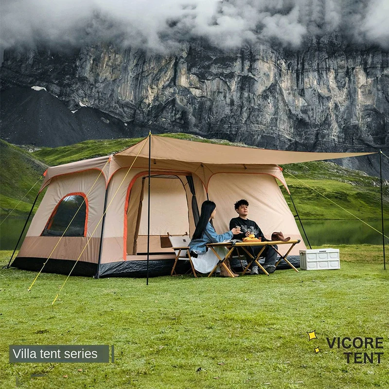 Double Rainproof Outdoor Tent, 2 Rooms and 1 Hall Villa Tent, Camping Tents, 4-10 Person, Overnight Camping Equipment, New