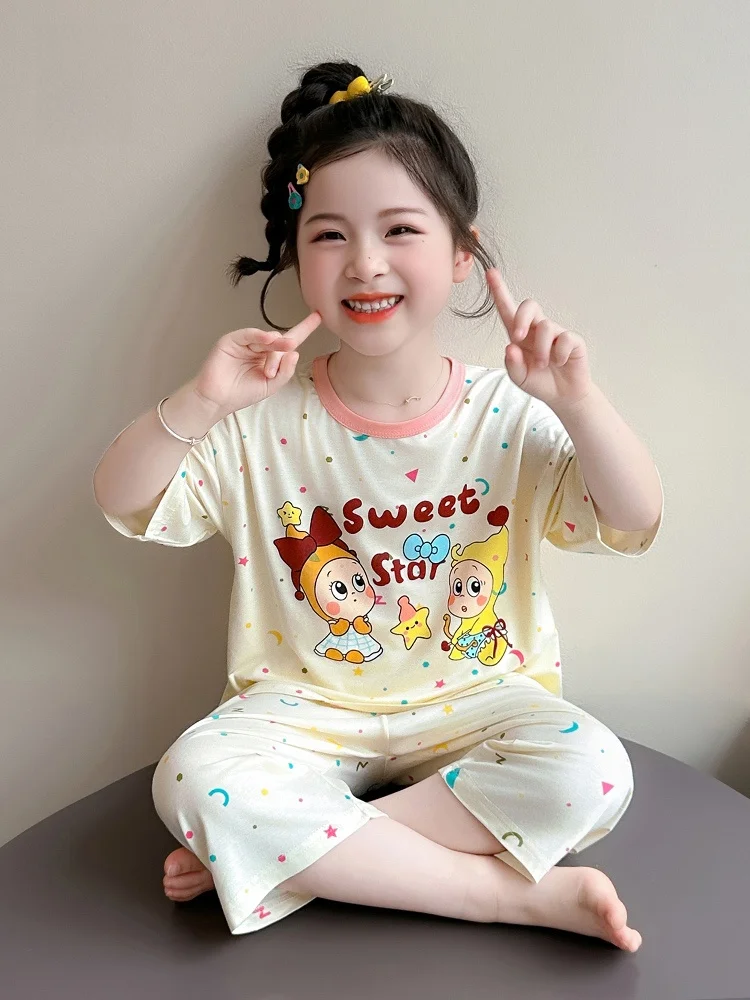 女の子夏半袖パジャマセットベビーホーム服モーダル生地快適なソフトラウンドネックプルオーバー2ピース衣装