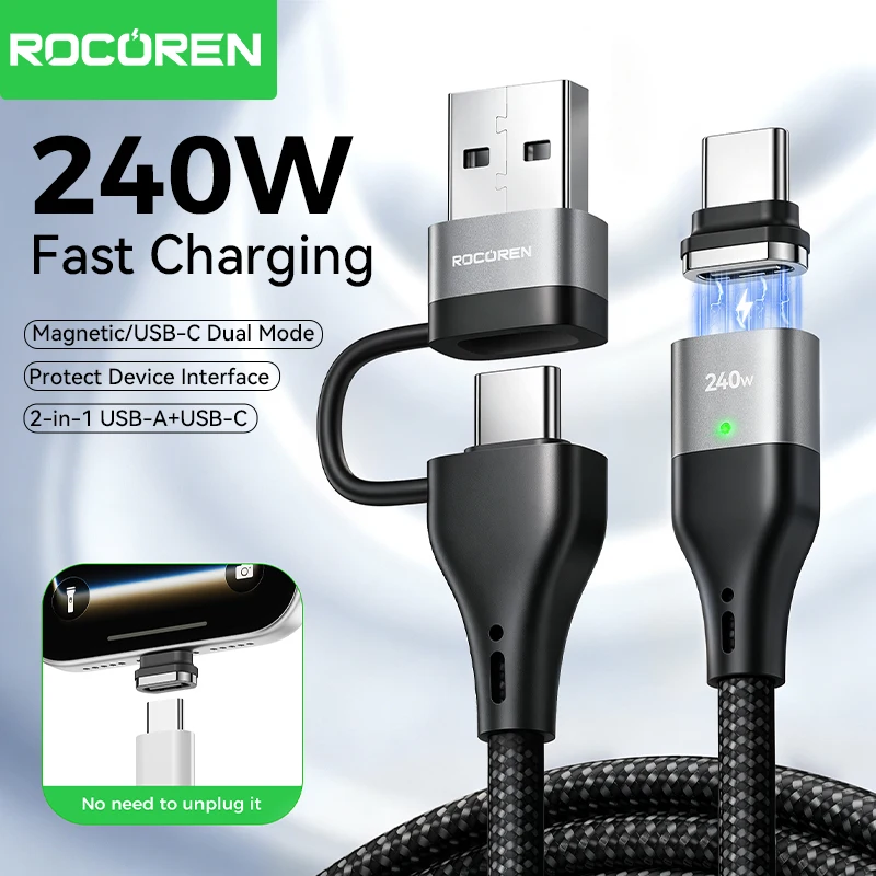 Rocoren 240W Magnetic USB C to Type C Cable PD Fast Charging Data Transfer 480Mbps for iPhone 18 Pro MacBook iPad Samsung